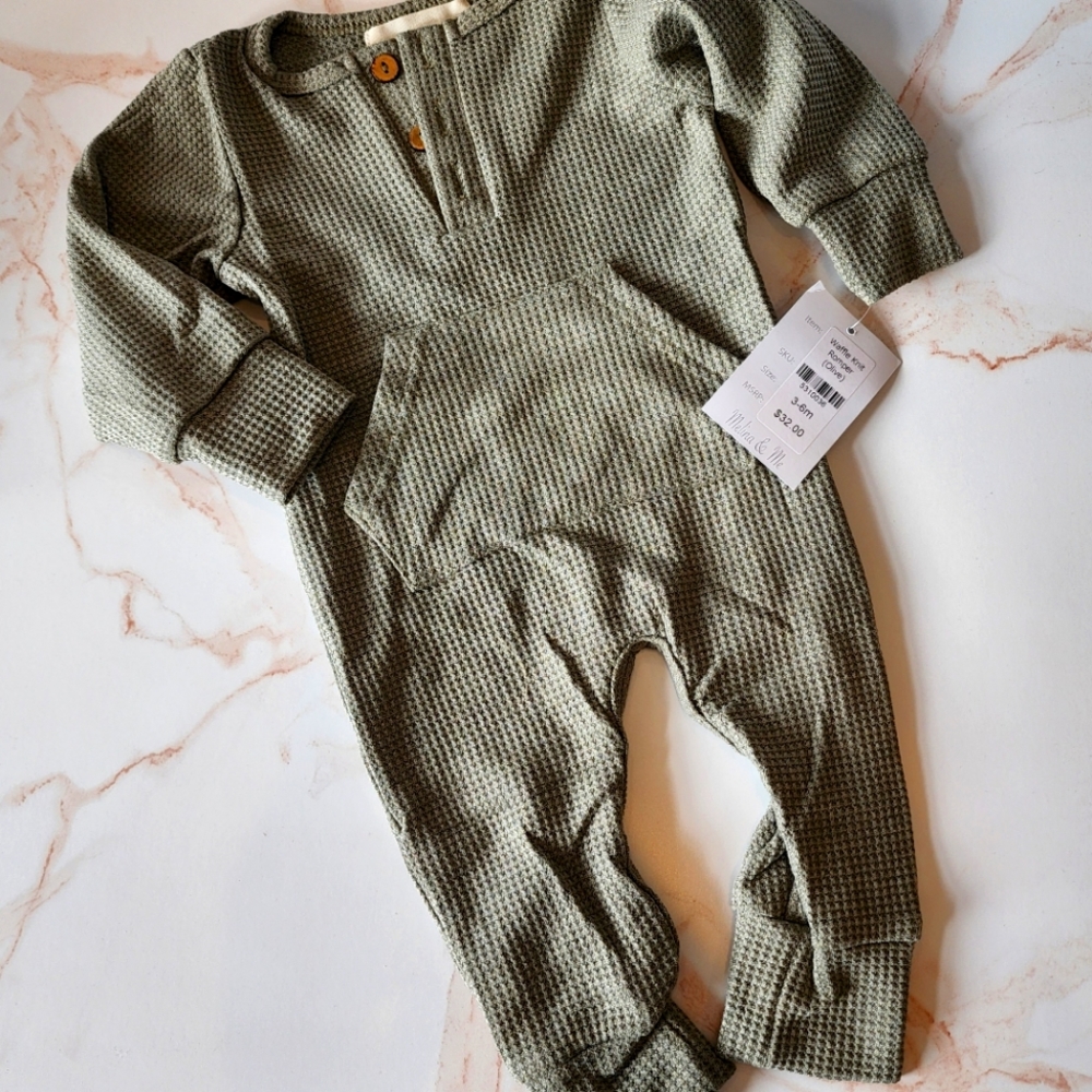Olive Waffle Knit Romper with Pocket